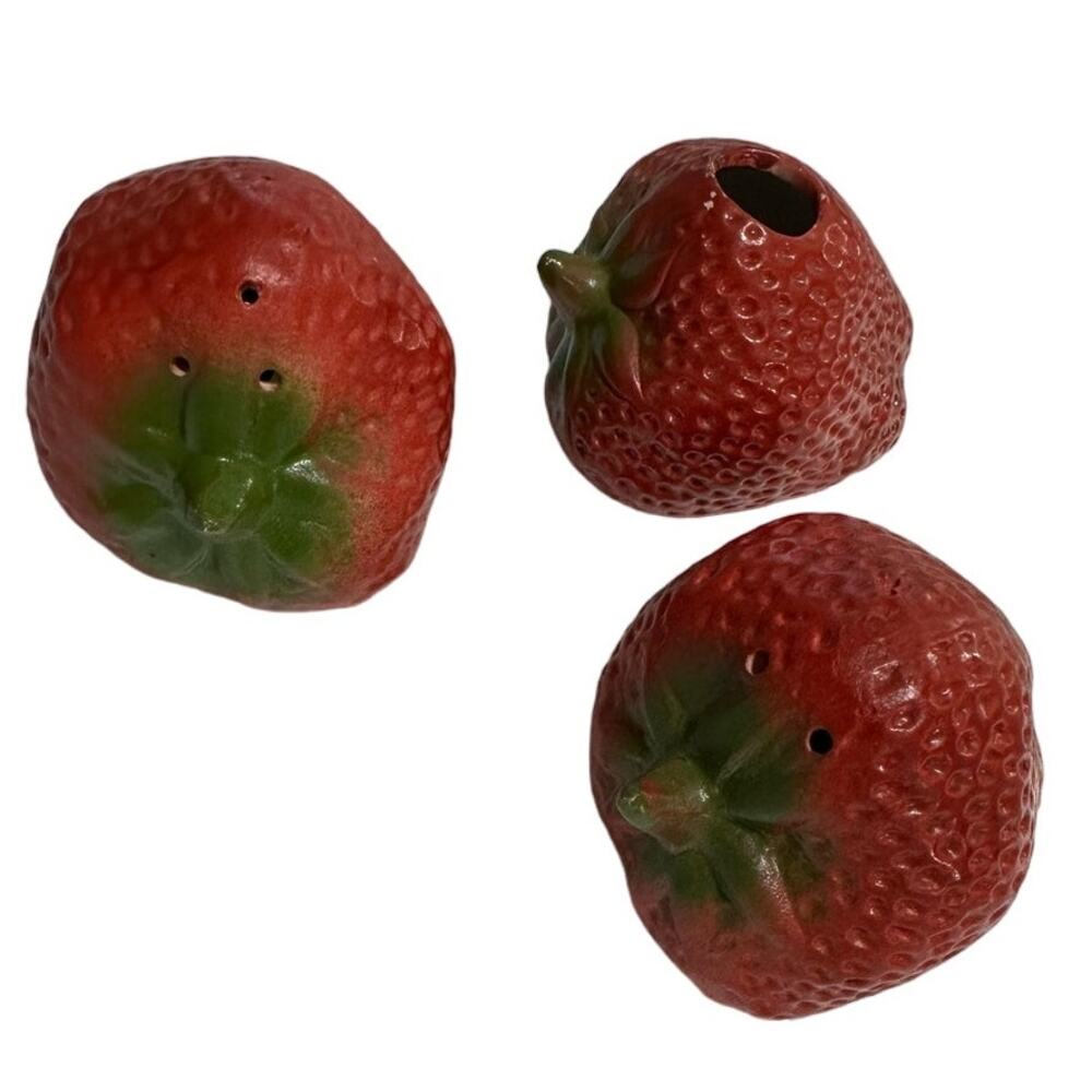 RARE Vintage Ceramic Strawberry Salt Pepper Shakers Matching Toothpick Holder